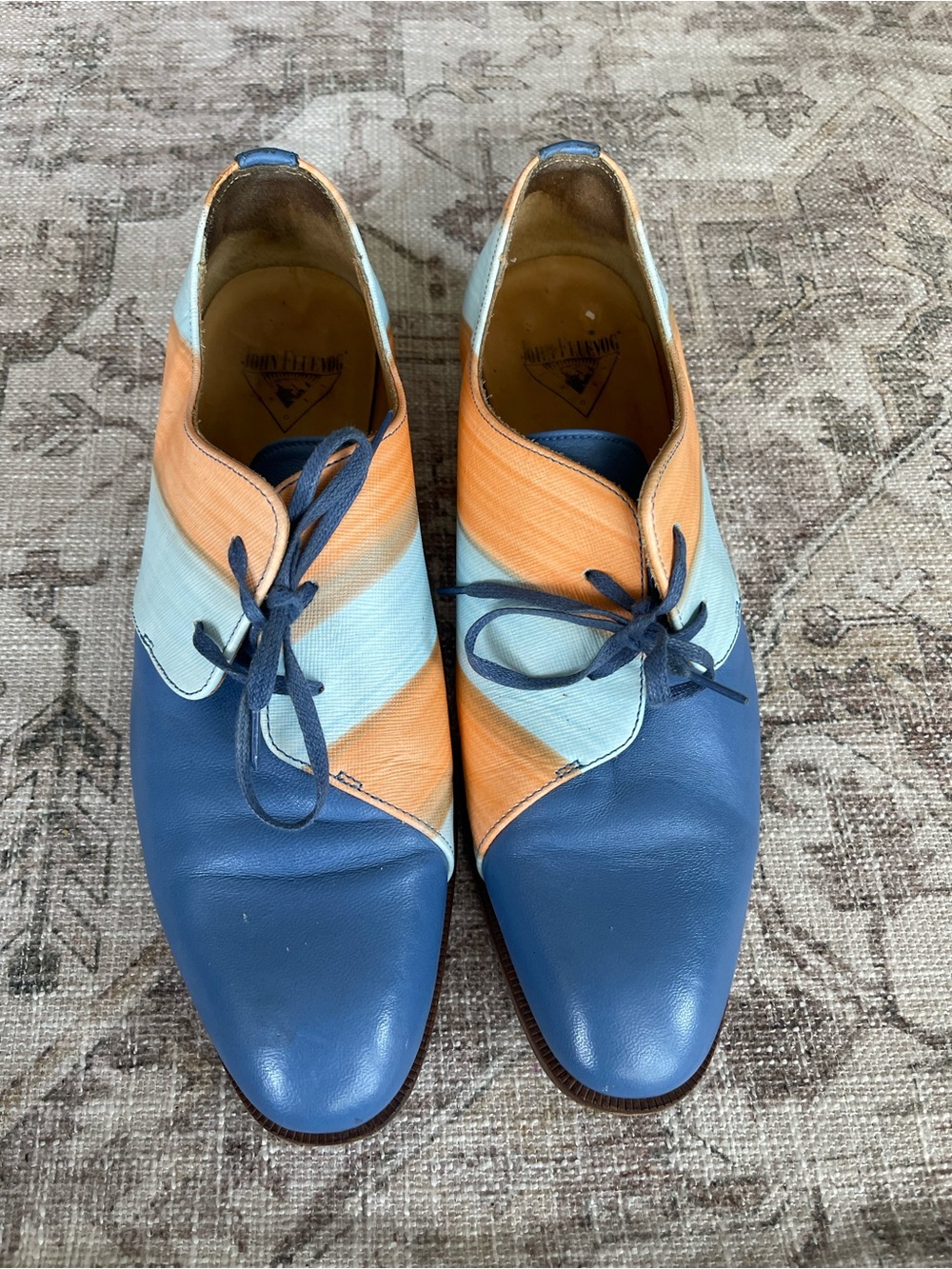 John Fluevog City Angels Blue and Orange Manhattan Striped Leather Derbies